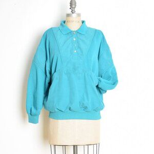 vintage 80s unisex sweatshirt teal kanga pocket new wave polo top shirt L XL